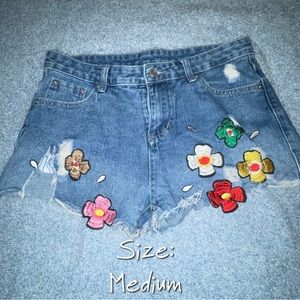 Hand Embroidered Floral Denim Ripped Shorts